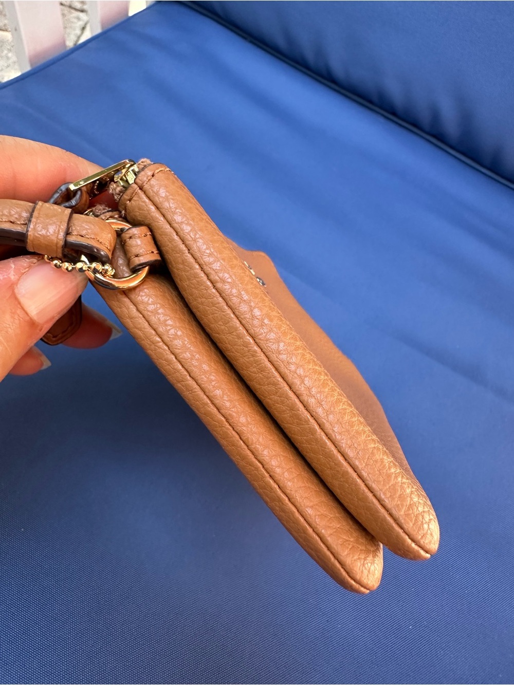 Like New Coach Leather Double Corner Zip Wristlet with Gold Logo Saddle Tan - Picture 3 of 13